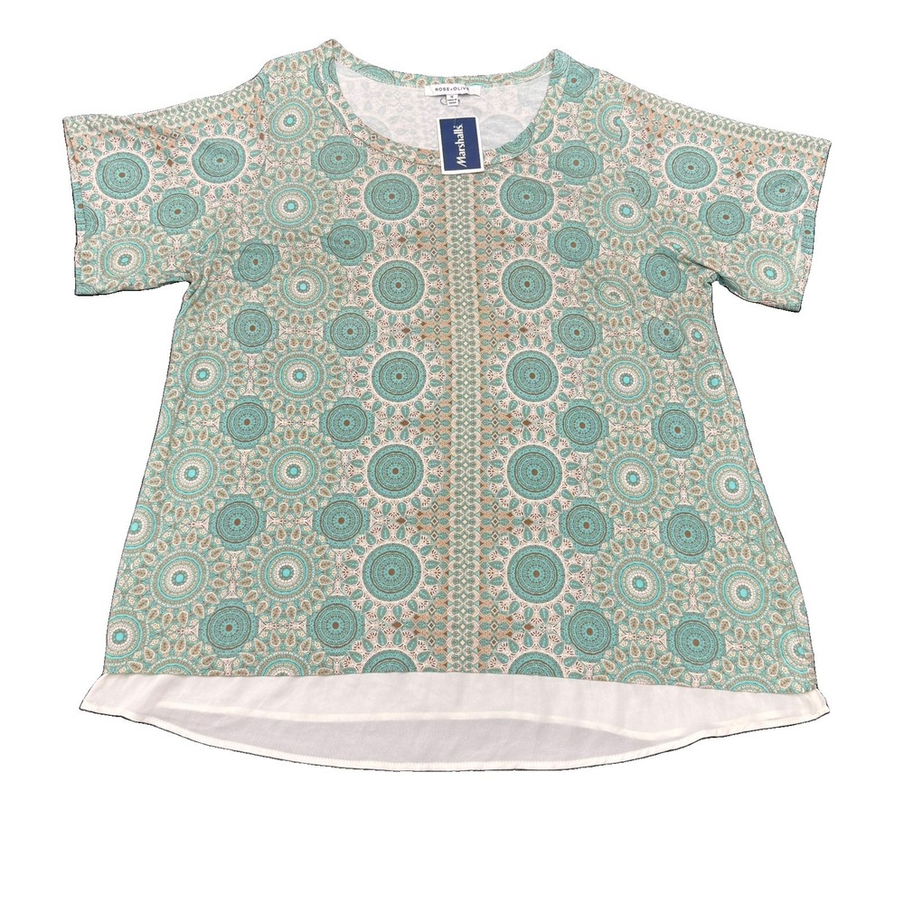 Rose+ Olive XL Teal and Tan Geometric Tunic Stretch Short Sleeve Top White Hem